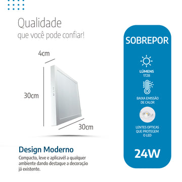 Painel Led 30x30cm 24W Sobrepor Quadrado Luminária